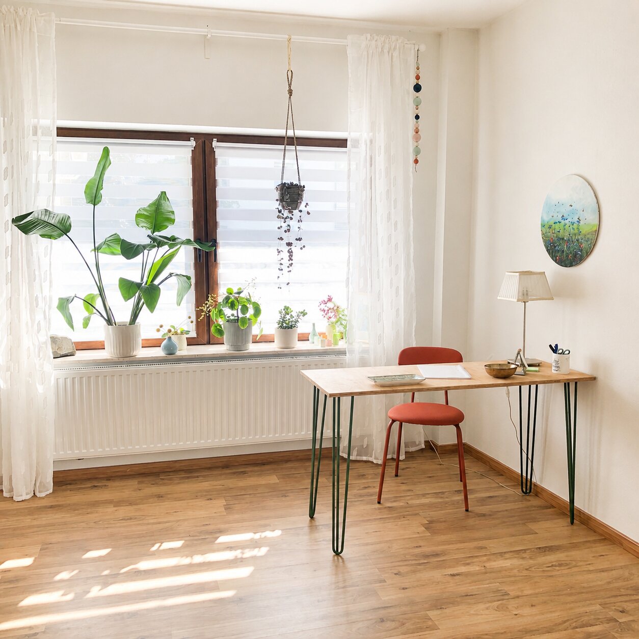 Schreibtisch am Fenster im hellen Beratungsraum der Praxis